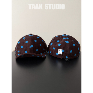 TAAK韩系复古波点短帽檐工装帽灯芯绒鸭舌帽子女秋冬显脸小棒球帽
