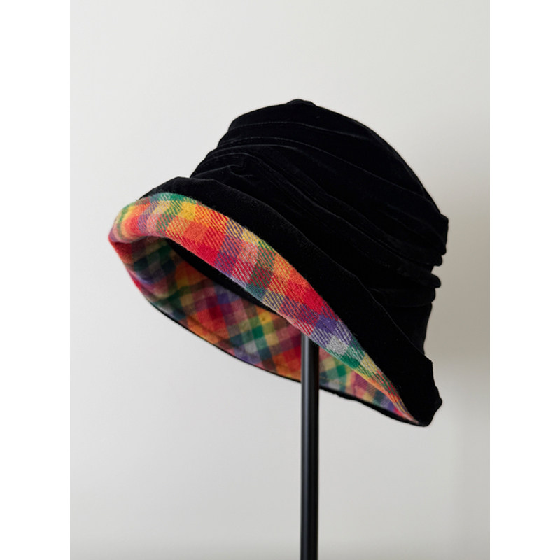 日本订单褶皱纹理彩格渔夫帽
