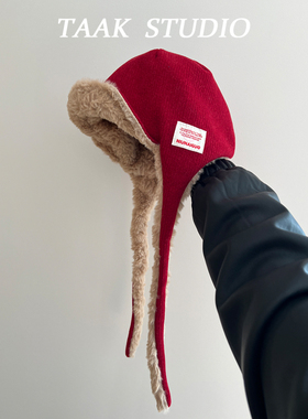 安可拉红飞行帽子女冬季韩版新款保暖加厚显脸小毛绒护耳雷锋帽潮