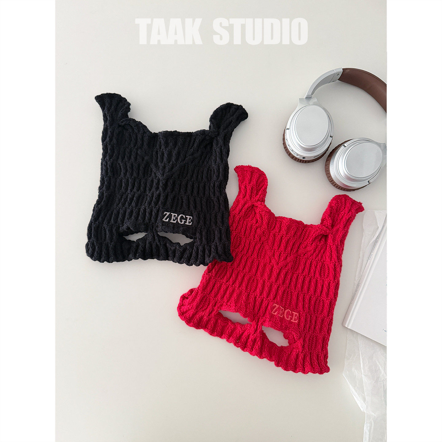 TAAK明星同款小恶魔耳朵红色毛线帽子女秋冬天套头针织帽冷帽潮男