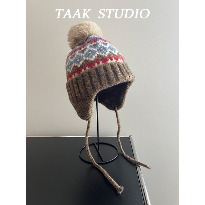 费尔岛风提花雷锋帽子女秋冬天护耳毛线帽加厚保暖复古毛球针织帽,服饰配件/皮带/帽子/围巾,帽子,淘宝优惠券,粉丝福利购,淘宝优惠卷