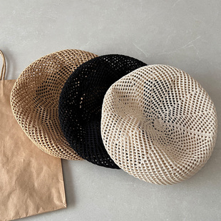 花少秦岚同款帽子法式草编贝雷帽女夏季新款文艺薄款镂空透气草帽