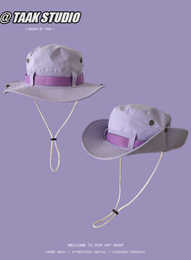 紫色登山帽抽绳渔夫帽子女夏天户外防晒遮阳露营西部牛仔钓鱼帽男