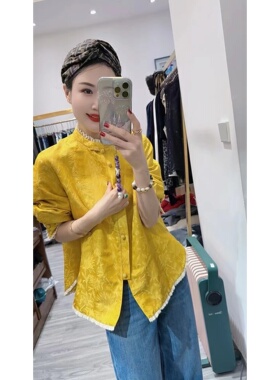 【小黑家】蚕丝麻满身花菊郁金黄提花拼花边高端中式外套26222