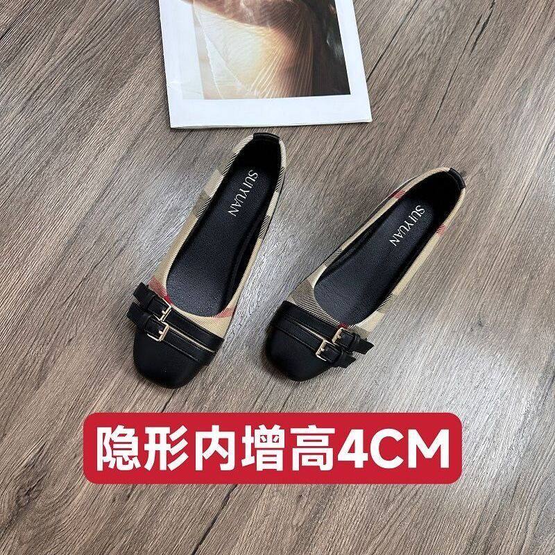 方头拼色平底单鞋女波点格子皮带扣浅口软底百搭通勤瓢鞋多色女鞋