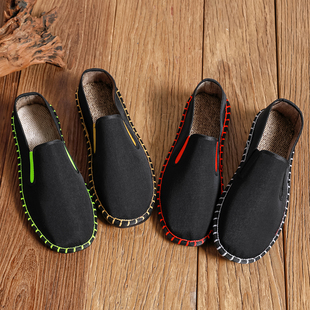 老北京刺绣布鞋男士休闲潮流春夏透气百搭社会网红一脚蹬懒人鞋子