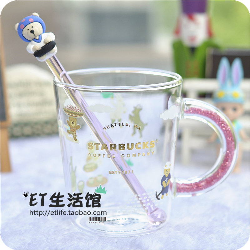 星巴克杯子 2020夏日 非洲动物玻璃杯限量小熊带棒可爱女生喝水杯