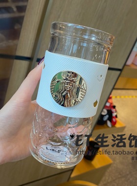 星巴克杯子 2021粉色樱花 白金鱼鳞铜章玻璃杯带杯套限量新款