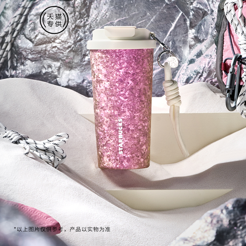 星巴克杯子经典璀璨冰裂粉色酷蓝黑银渐变钛杯保温杯双饮口带挂饰
