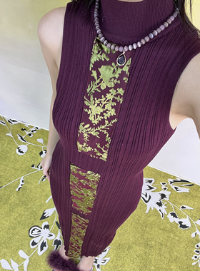 紫檀木新中式国风气质收腰显瘦舒适针织背心裙女半高领无袖连衣裙