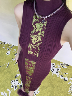 紫檀木新中式国风气质收腰显瘦舒适针织背心裙女半高领无袖连衣裙