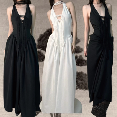 蕾丝垂带V领两穿A字拖地连衣裙