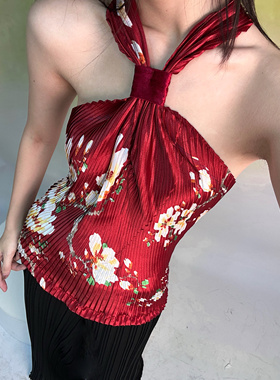 旧世纪复古印花辣妹夏季清凉轻薄亮光褶皱一片式吊带背心上衣