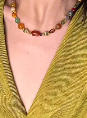 女娲五色石混合玛瑙多巴胺配色彩色锁骨链项链