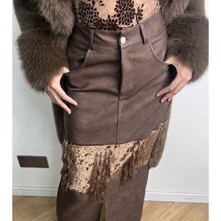 ANTIMOON复活款金丝绒流苏百搭棕哑光皮裙复古辣妹拼接秋冬半身裙