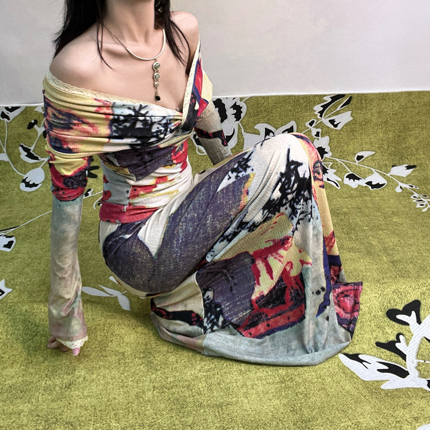 游园美人仕女图新中式中古Vintage高缇耶风印花针织套装连衣裙