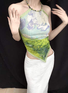 正版现货ANTIMOON青云直上青花玉挂脖褶皱艺术辣妹度假丝巾上衣