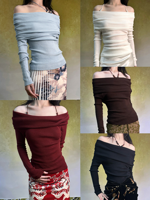 羊毛针织毛衣一字肩百搭修身上衣