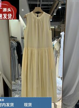 韩国时尚长裙2025夏季新品 纯色显瘦小立领褶皱宽松连衣裙女28699