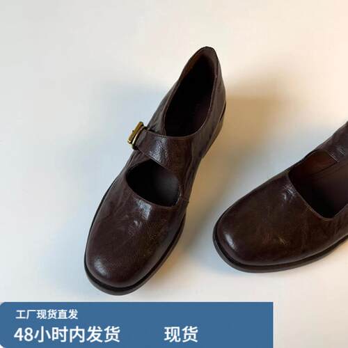 羊皮版~复古黑色通勤玛丽珍鞋女圆头粗跟真皮百搭一字扣带小皮鞋