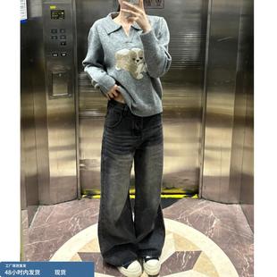 黑灰色加绒牛仔裤女秋冬新款初中高中学生低腰显瘦百搭阔腿长裤子