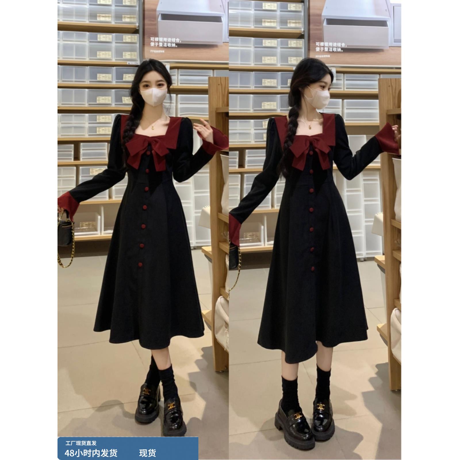 大码赫本风法式长袖连衣裙女秋季微胖mm气质收腰显瘦蝴蝶结长裙子