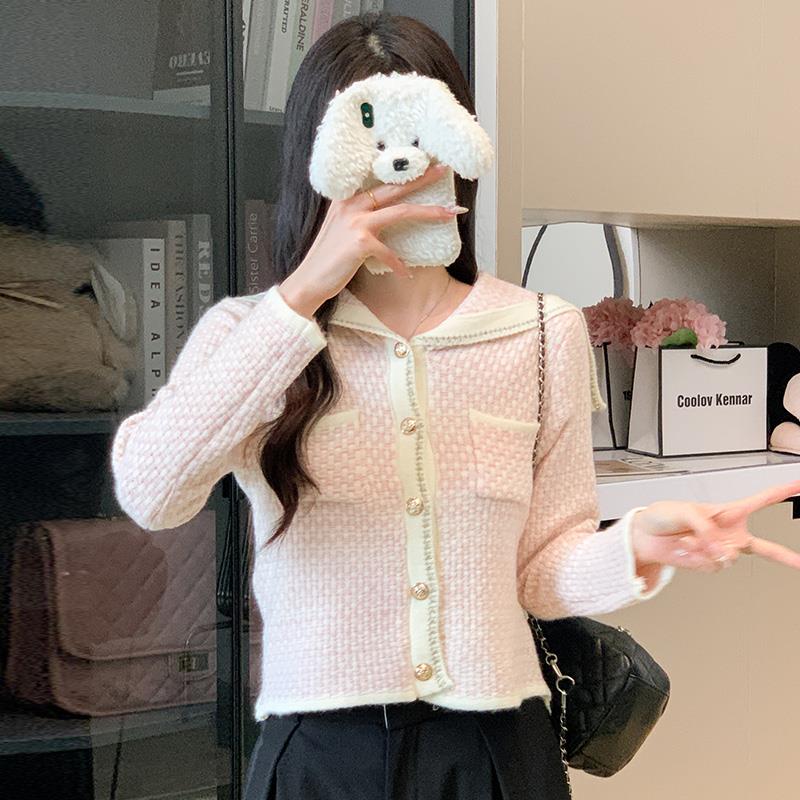 毛衣女秋冬高级感海军领宽松开衫外套小香风气质显瘦短款针织上衣