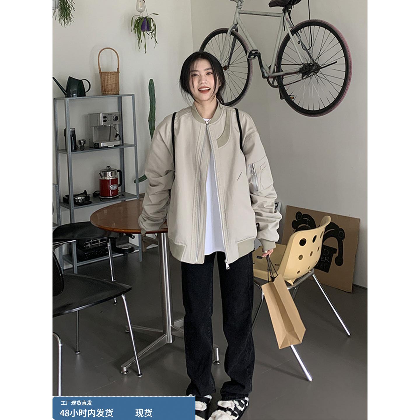 美式覆古飞行员夹克女春秋新款中性风高街潮牌棒球服宽松百搭外套