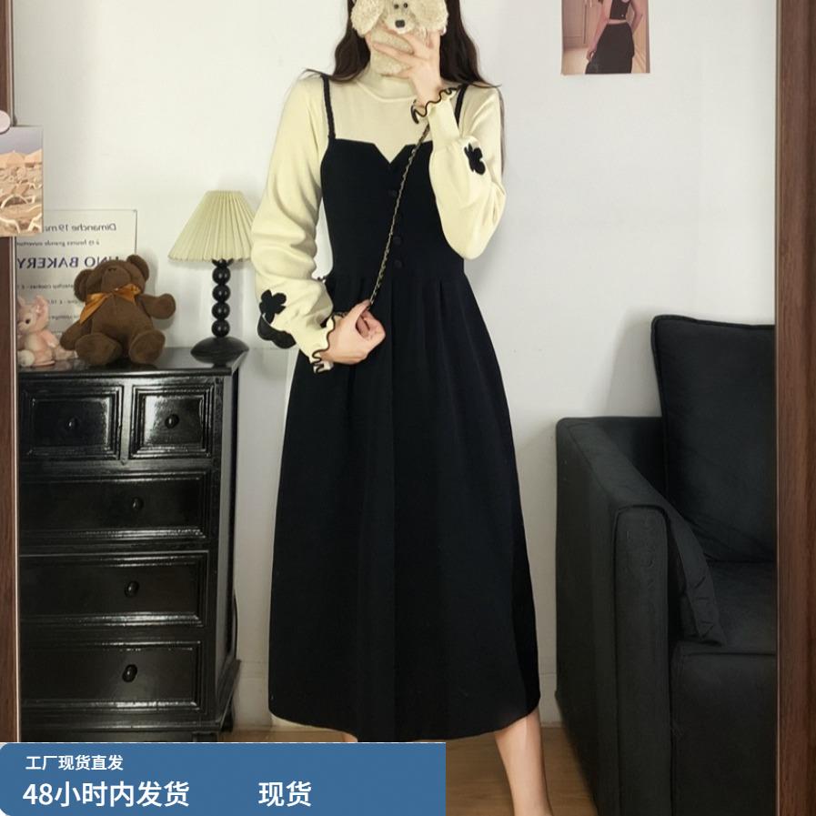 高级感假两件连衣裙女秋冬大码女装中长款针织裙法式巨显瘦毛衣裙