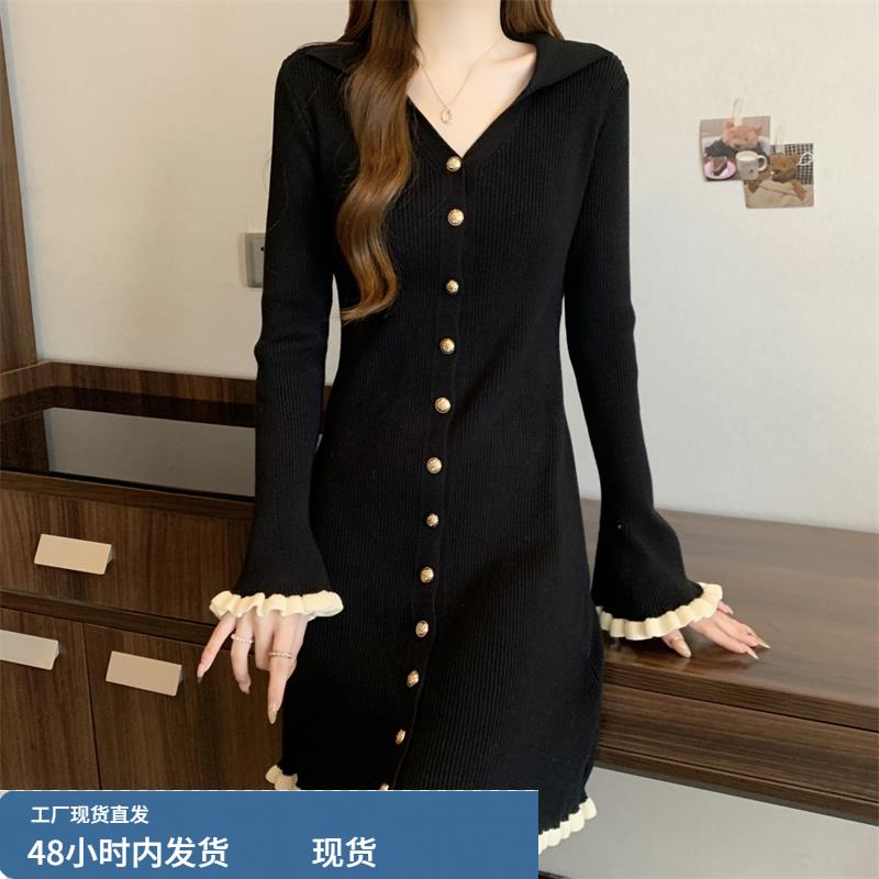黑色v领针织连衣裙女秋冬巨好看大码胖mm赫本风法式高级感毛衣裙