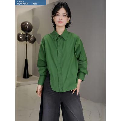 绿色长袖衬衫早秋女装2025新款爆款衬衣轻奢高级感下摆不规则上衣