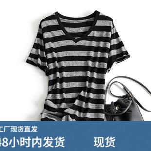 大尺码条纹短袖T恤女夏2026新款薄宽松显瘦中长版V领半袖T恤上衣