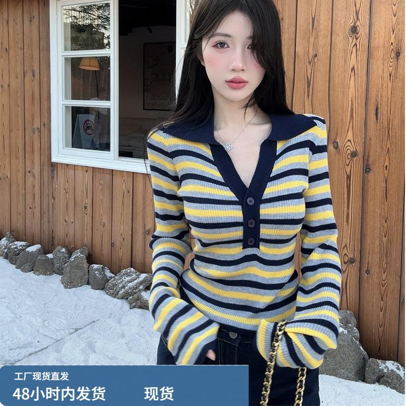 纯欲温柔风翻领条纹针织打底衫女内搭秋冬设计感辣妹显瘦长袖上衣