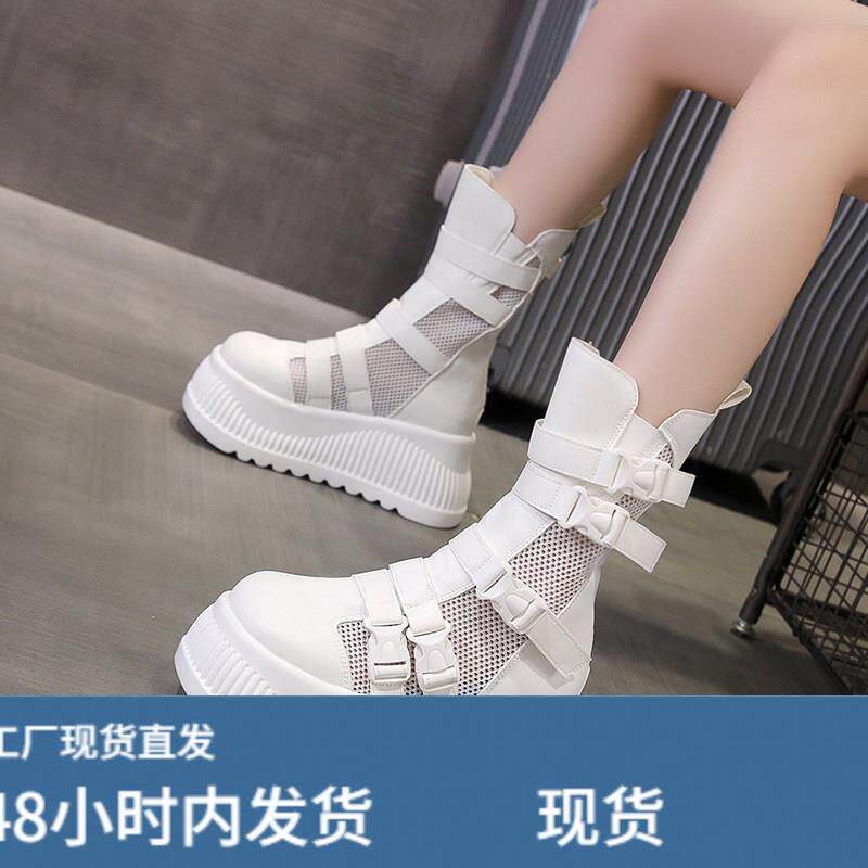 白色靴子厚底马丁靴女款2025新款春夏透气网面配裙子增高甜酷短靴图片