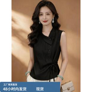 真丝女士黑色斜襟衬衫夏季设计感小众系带洋派轻奢风高级无袖上衣