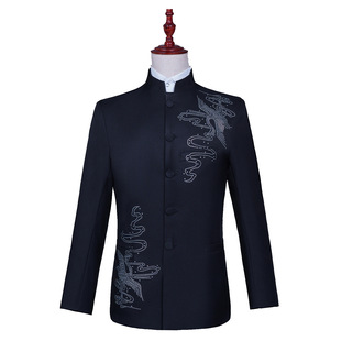 男烫彩凤凰钻中山装演出服舞台合唱团歌手主持人司仪表演团表演