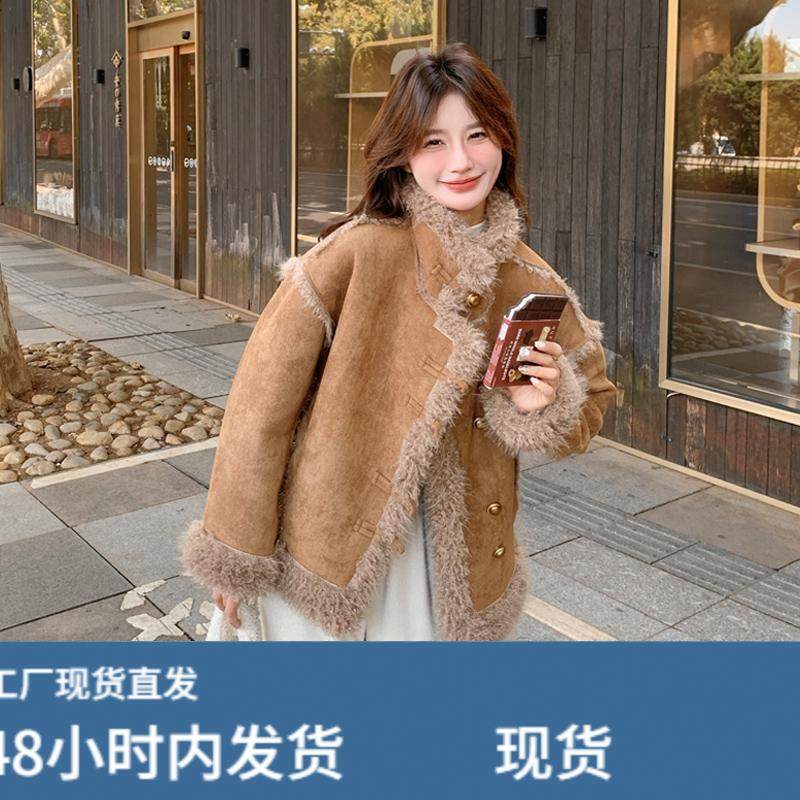2025新款美拉德复古棕色韩系仿羊羔毛外套女冬季加厚拼接毛毛上衣,运动/瑜伽/健身/球迷用品,广场舞套装,淘宝优惠券,粉丝福利购,淘宝优惠卷