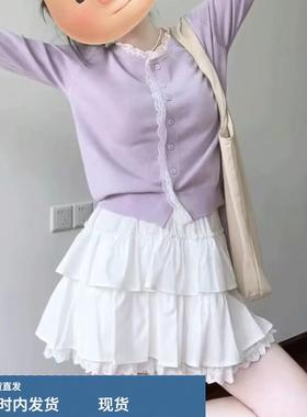 紫色蕾丝拼接针织衫+半身裙女2025春秋季新款高级感巨好看的套装