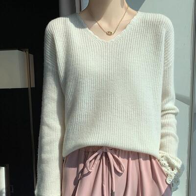 %纯羊毛慵懒风V领钩花镂空针织女套头宽松百搭长袖打底衫上衣