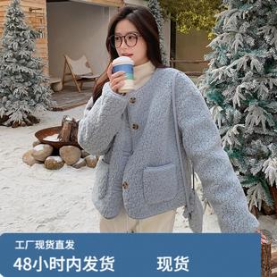 韩系chic蓝色短款羊羔毛羽绒服女冬超火好看皮毛一体加厚保暖外套