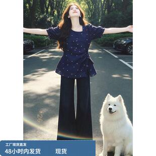 休闲风方领爱心碎花短袖衬衫女夏季新款大尺码胖mm绑带收腰减龄上