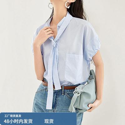 设计感飘带条纹衬衫女2025秋新款法式欧若风气质纯棉短袖衬衣