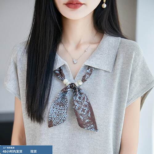 通勤带丝巾Polo领针织短袖女夏清爽亚麻设计感1/4吋套筒扳手袖翻
