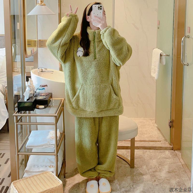 特大码300斤胖妹妹珊瑚绒半拉链睡衣套装女秋冬束脚裤家居两件套2
