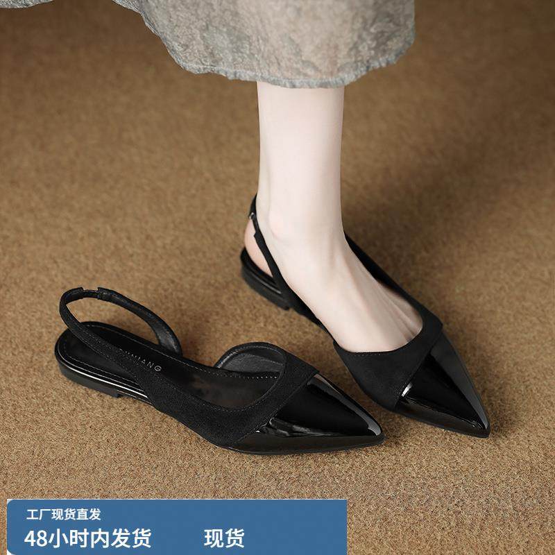 羊皮版包头凉鞋女士外穿2025夏天新款绝美平底尖头夏款黑色凉单鞋