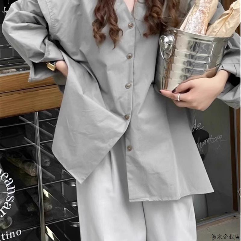 特大码300斤oversize简约v领长袖衬衫外套女宽松bf慵懒风休闲衬衣