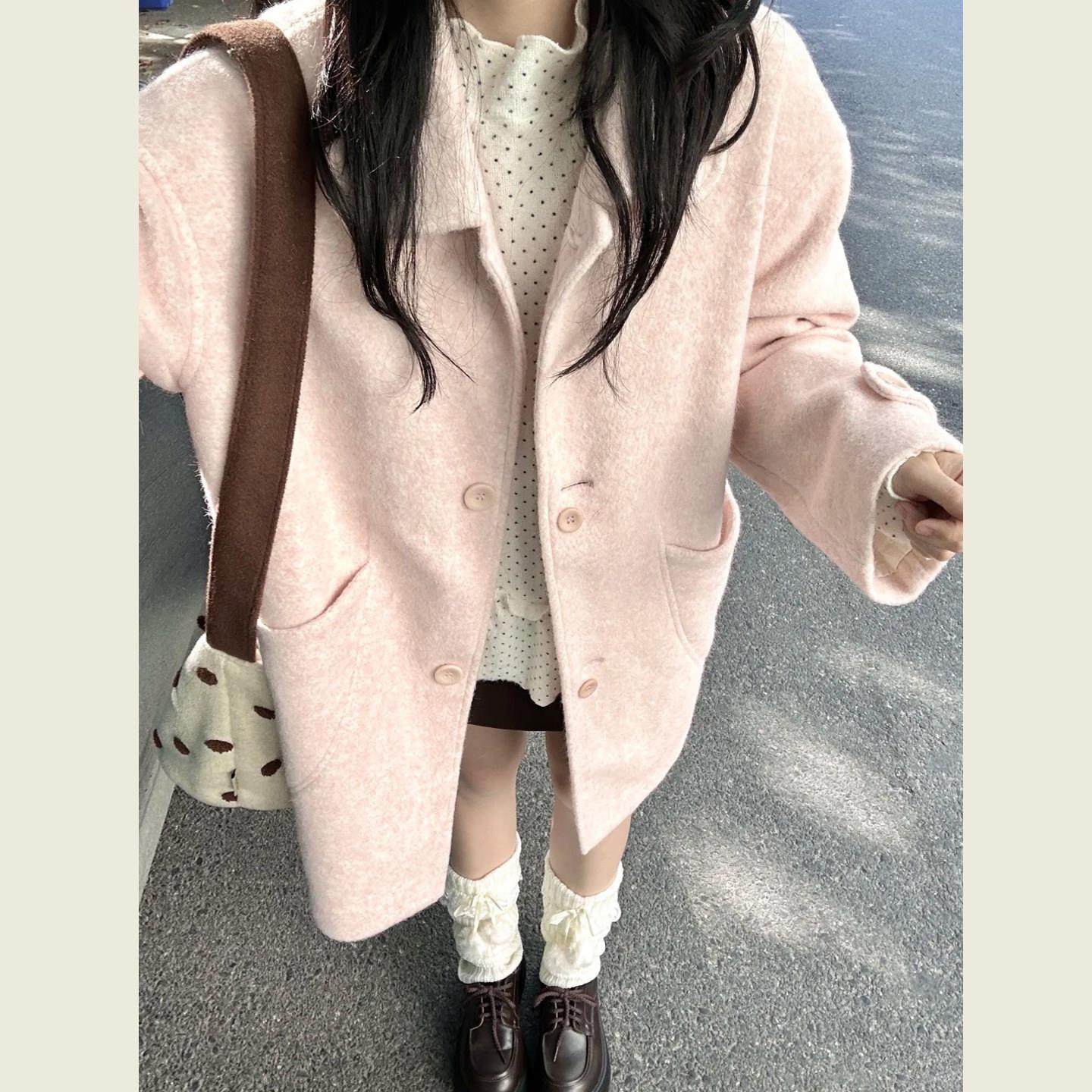 温柔甜美粉色翻领毛呢外套女秋冬季韩系学院风宽松减龄呢子大衣,运动/瑜伽/健身/球迷用品,广场舞套装,淘宝优惠券,粉丝福利购,淘宝优惠卷