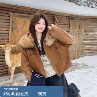 咖色麂皮绒大毛领羽绒服2025新款女冬美拉德短款韩版派克服厚外套