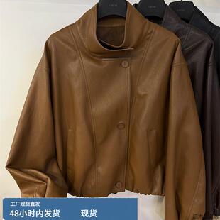 单排扣蛋白皮皮衣外套简约时尚 纯色立领长袖 休闲夹克 新款 2025秋季