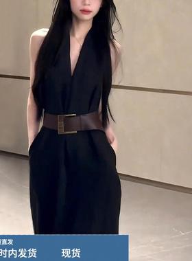 黑色高端V领吊领女士礼服2025夏季全新优雅的腰纤细Look a字长裙